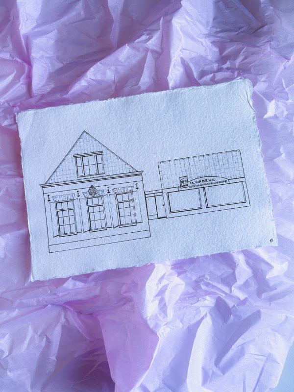 Handgetekend huisportret op duurzaam handgeschept papier – Studio Knot